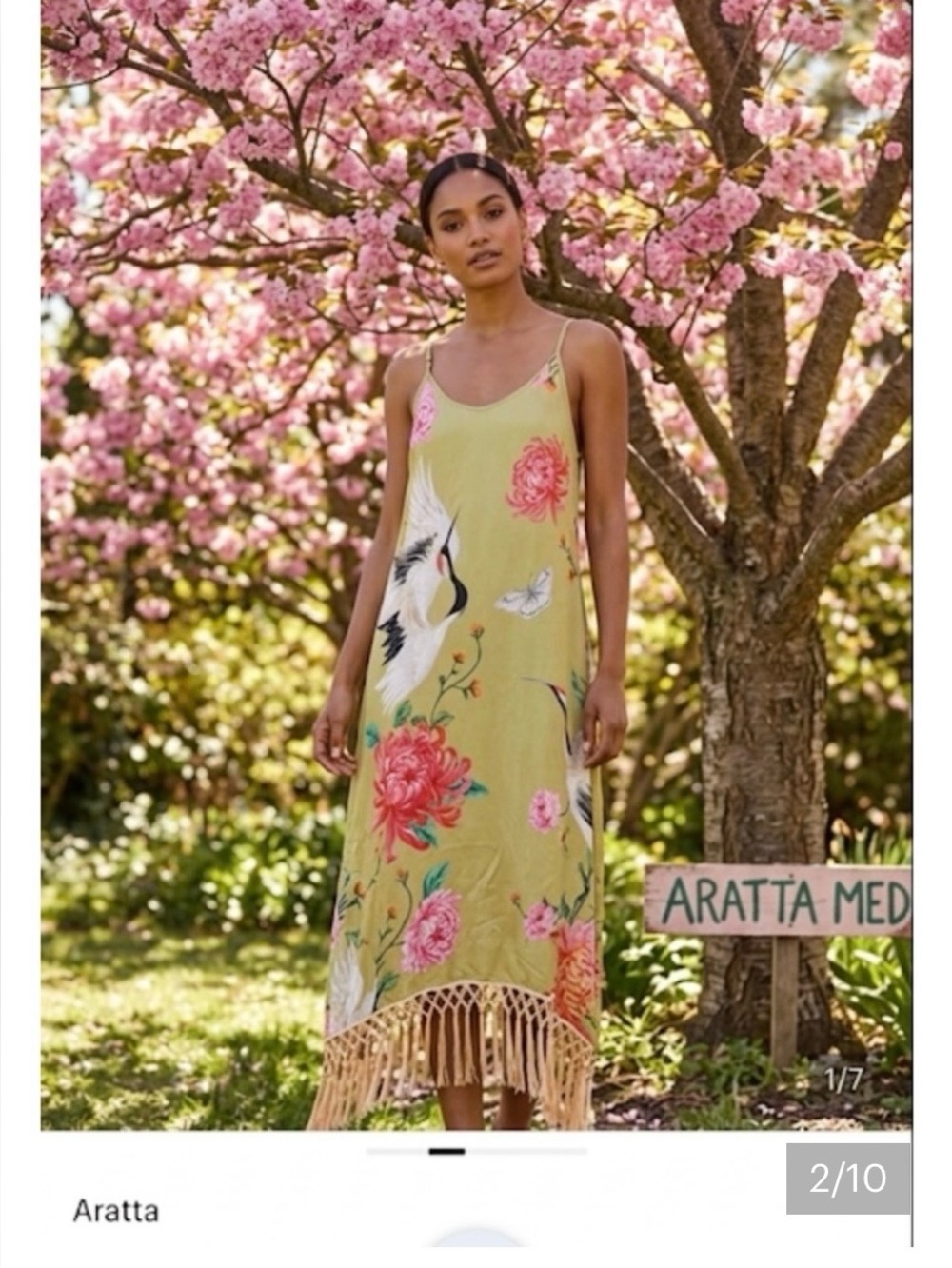 Aratta yellowish Green Slip Dress with Pink Floral Embroidery